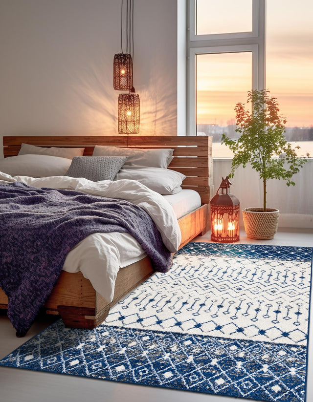 Ivory Navy Blue 4' x 6' Tribal Trellis Rectangle Area Rug Geometric Southwestern Inspired Durable Carpet for Home Interior Design for Sale at Rug Engine