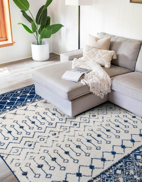 Ivory Navy Blue 4' x 6' Tribal Trellis Rectangle Area Rug Geometric Southwestern Inspired Durable Carpet for Home Interior Design for Sale at Rug Engine