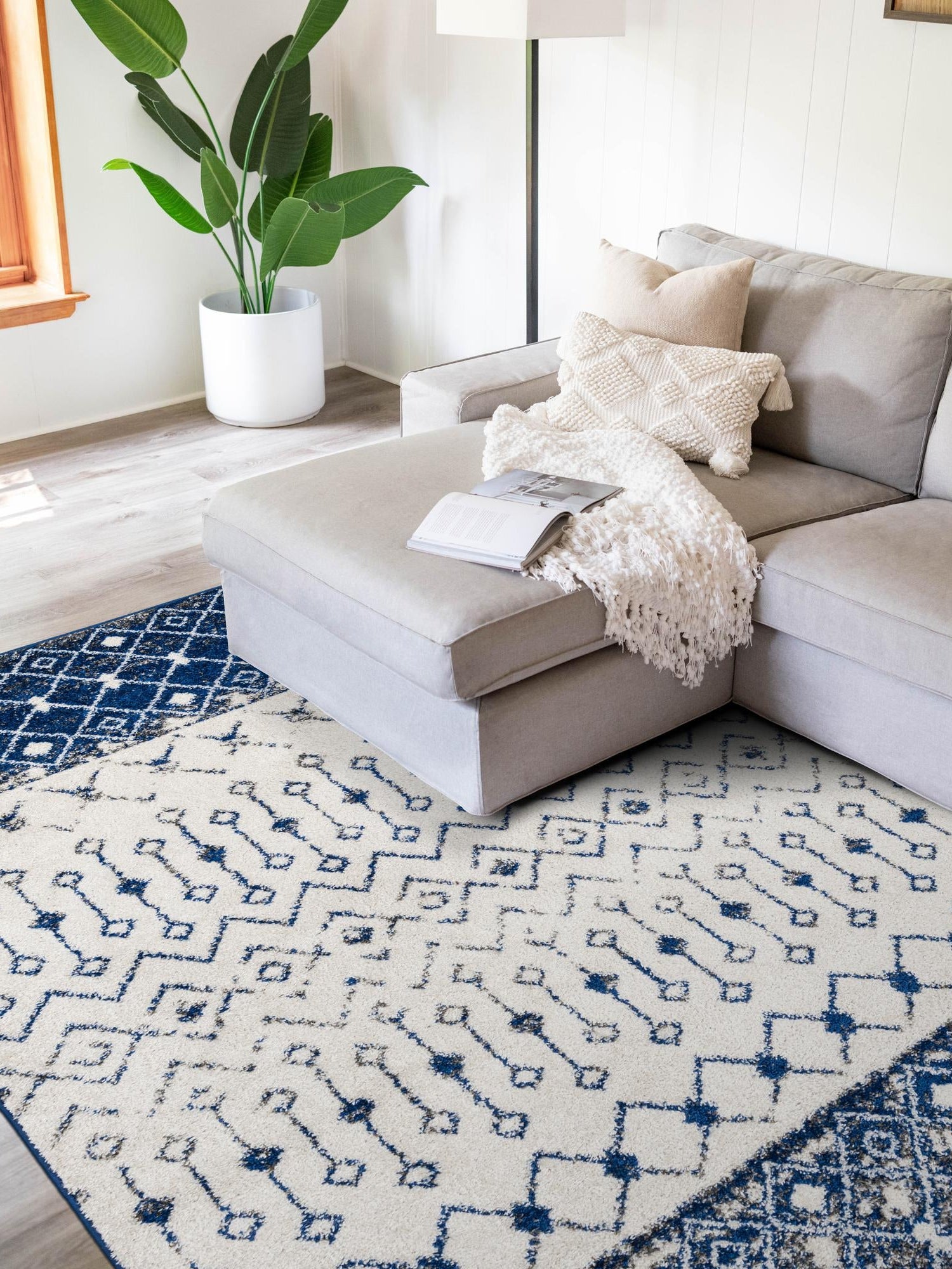 Ivory Navy Blue 10' x 13' Tribal Trellis Rectangle Area Rug Geometric Southwestern Inspired Durable Carpet for Home Interior Design for Sale at Rug Engine