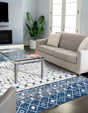 Ivory Navy Blue 4' x 6' Tribal Trellis Rectangle Area Rug Geometric Southwestern Inspired Durable Carpet for Home Interior Design for Sale at Rug Engine