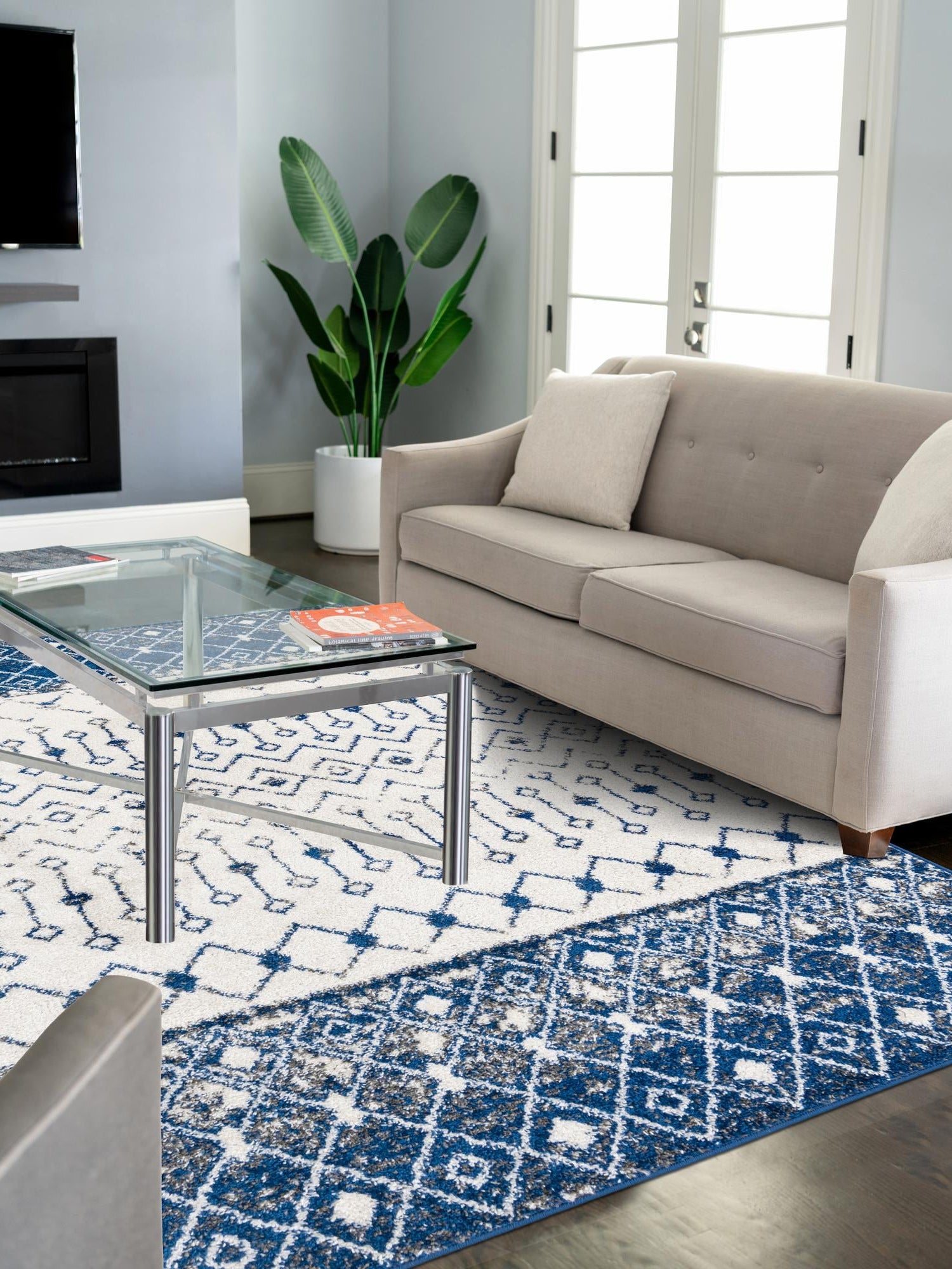 Ivory Navy Blue 6' x 9' Tribal Trellis Rectangle Area Rug Geometric Southwestern Inspired Durable Carpet for Home Interior Design for Sale at Rug Engine