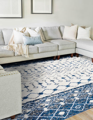 Ivory Navy Blue 4' x 6' Tribal Trellis Rectangle Area Rug Geometric Southwestern Inspired Durable Carpet for Home Interior Design for Sale at Rug Engine