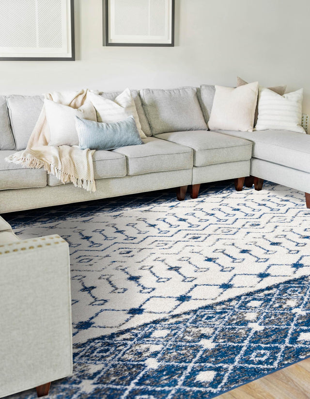 Ivory Navy Blue 4' x 6' Tribal Trellis Rectangle Area Rug Geometric Southwestern Inspired Durable Carpet for Home Interior Design for Sale at Rug Engine