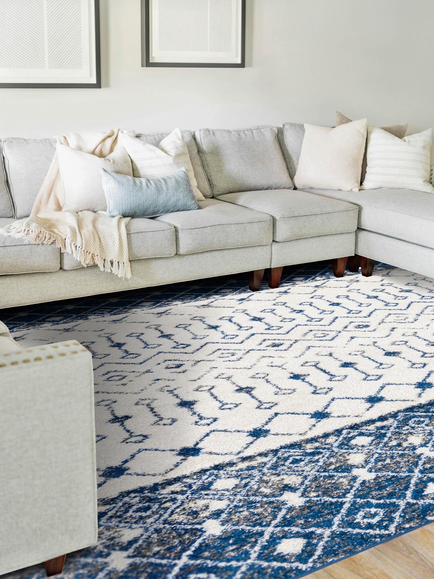 Ivory Navy Blue 8' x 10' Tribal Trellis Rectangle Area Rug Geometric Southwestern Inspired Durable Carpet for Home Interior Design for Sale at Rug Engine
