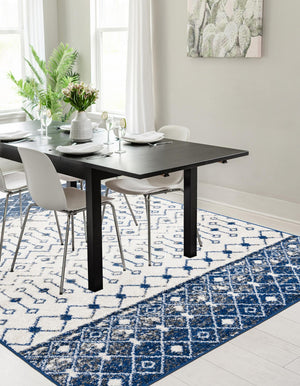 Ivory Navy Blue 4' x 6' Tribal Trellis Rectangle Area Rug Geometric Southwestern Inspired Durable Carpet for Home Interior Design for Sale at Rug Engine