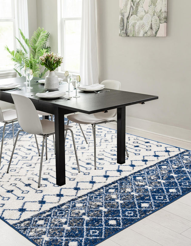 Ivory Navy Blue 4' x 6' Tribal Trellis Rectangle Area Rug Geometric Southwestern Inspired Durable Carpet for Home Interior Design for Sale at Rug Engine