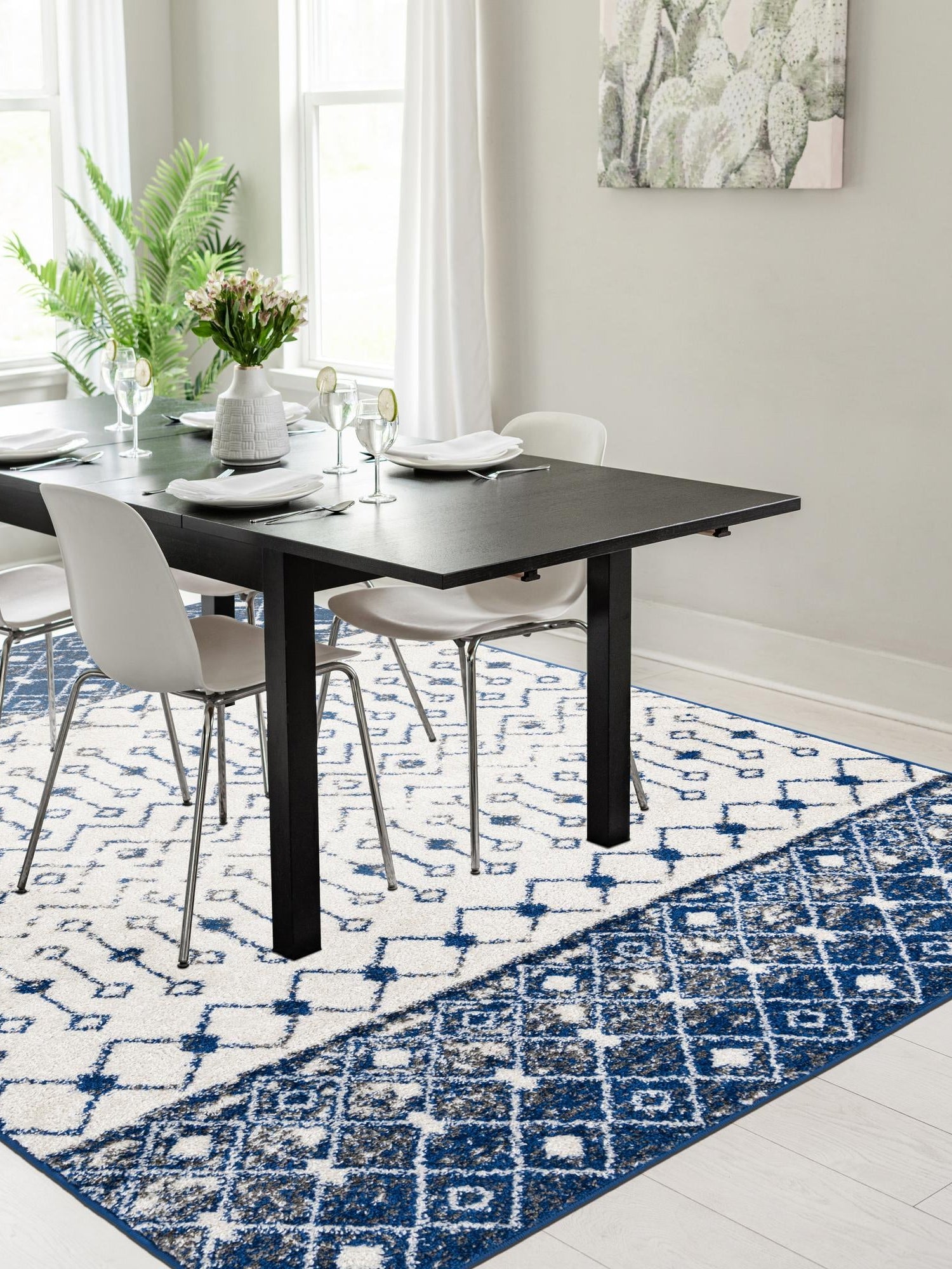 Ivory Navy Blue 2' x 3' 1 Tribal Trellis Rectangle Area Rug Geometric Southwestern Inspired Durable Carpet for Home Interior Design for Sale at Rug Engine