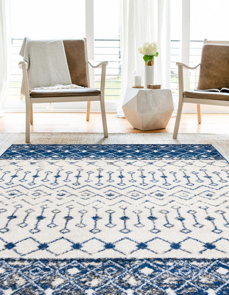 Ivory Navy Blue 4' x 6' Tribal Trellis Rectangle Area Rug Geometric Southwestern Inspired Durable Carpet for Home Interior Design for Sale at Rug Engine
