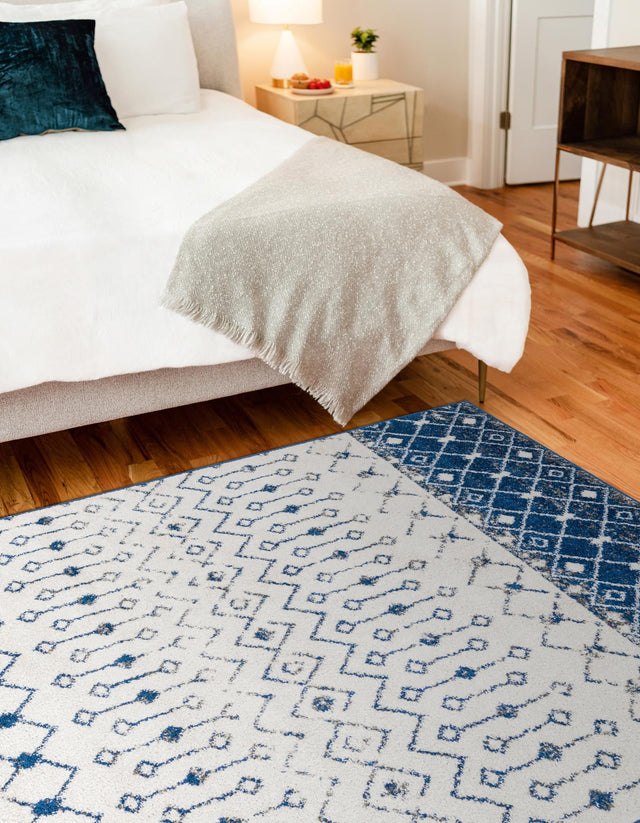 Ivory Navy Blue 4' x 6' Tribal Trellis Rectangle Area Rug Geometric Southwestern Inspired Durable Carpet for Home Interior Design for Sale at Rug Engine