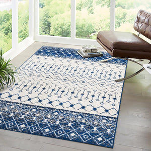 Ivory Navy Blue 4' x 6' Tribal Trellis Rectangle Area Rug Geometric Southwestern Inspired Durable Carpet for Home Interior Design for Sale at Rug Engine