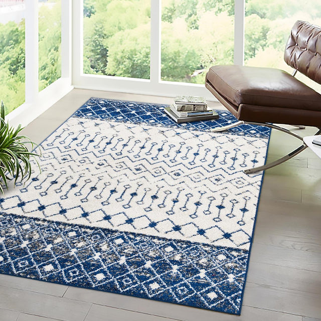 Ivory Navy Blue 4' x 6' Tribal Trellis Rectangle Area Rug Geometric Southwestern Inspired Durable Carpet for Home Interior Design for Sale at Rug Engine