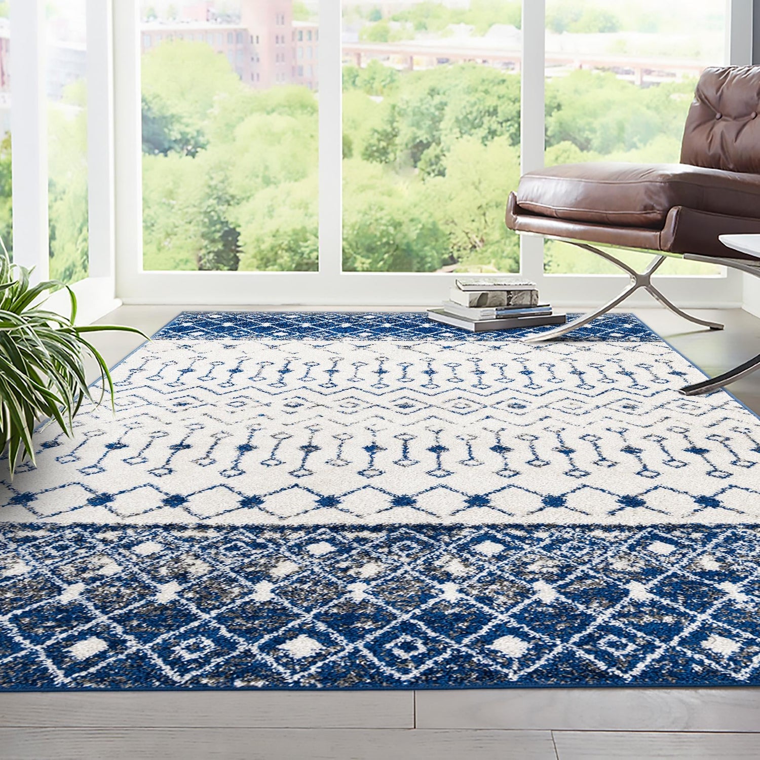 Ivory Navy Blue 9' x 12' Tribal Trellis Rectangle Area Rug Geometric Southwestern Inspired Durable Carpet for Home Interior Design for Sale at Rug Engine