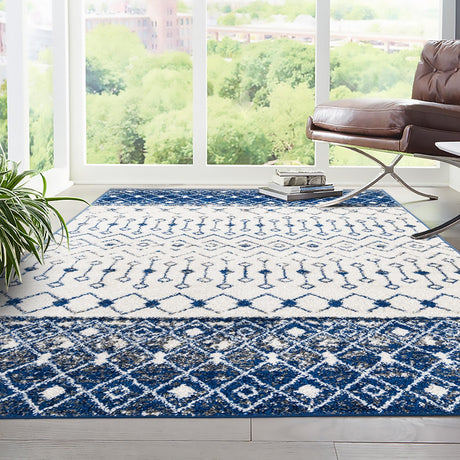 Ivory Navy Blue 4' x 6' Tribal Trellis Rectangle Area Rug Geometric Southwestern Inspired Durable Carpet for Home Interior Design for Sale at Rug Engine