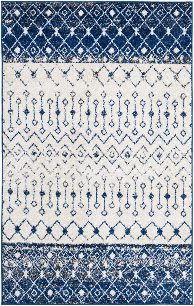 Ivory Navy Blue 5' 3 x 8' Tribal Trellis Rectangle Area Rug Geometric Southwestern Inspired Durable Carpet for Home Interior Design for Sale at Rug Engine
