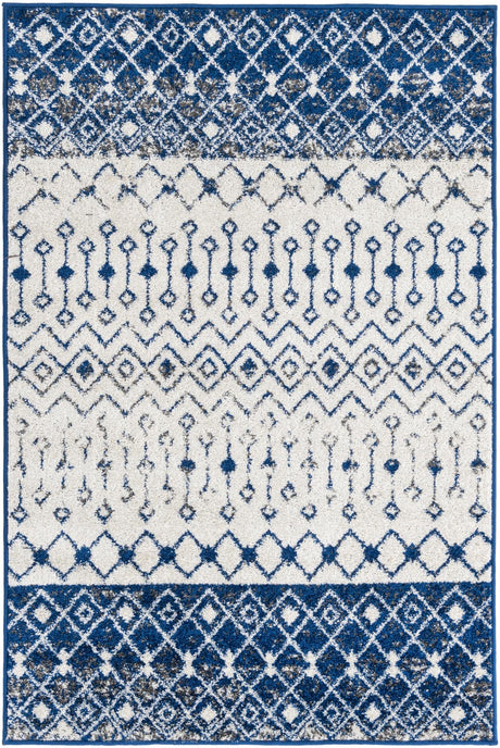 Ivory Navy Blue 4' x 6' Tribal Trellis Rectangle Area Rug Geometric Southwestern Inspired Durable Carpet for Home Interior Design for Sale at Rug Engine