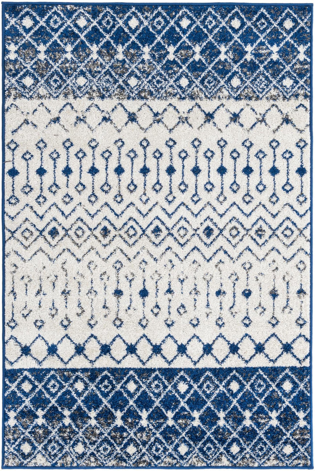 Ivory Navy Blue 4' x 6' Tribal Trellis Rectangle Area Rug Geometric Southwestern Inspired Durable Carpet for Home Interior Design for Sale at Rug Engine