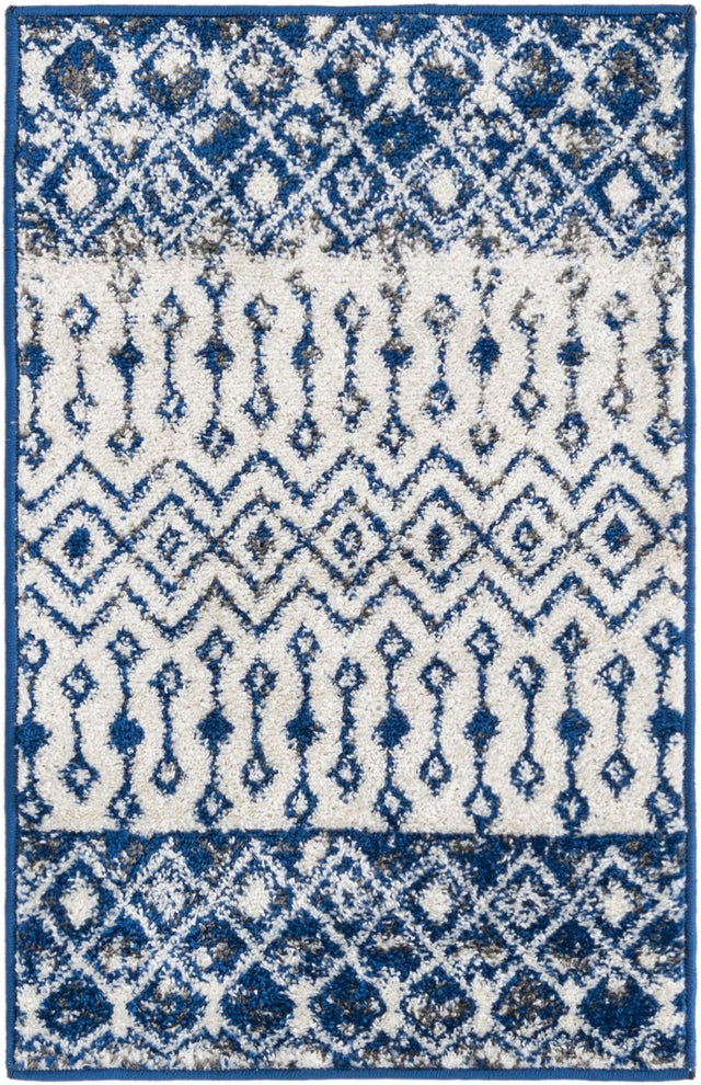 Ivory Navy Blue 2' x 3' 1 Tribal Trellis Rectangle Area Rug Geometric Southwestern Inspired Durable Carpet for Home Interior Design for Sale at Rug Engine