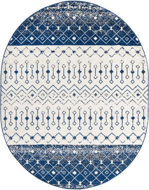 Ivory Navy Blue 7' 10 x 10' Tribal Trellis Oval Area Rug Geometric Southwestern Inspired Durable Carpet for Home Interior Design for Sale at Rug Engine