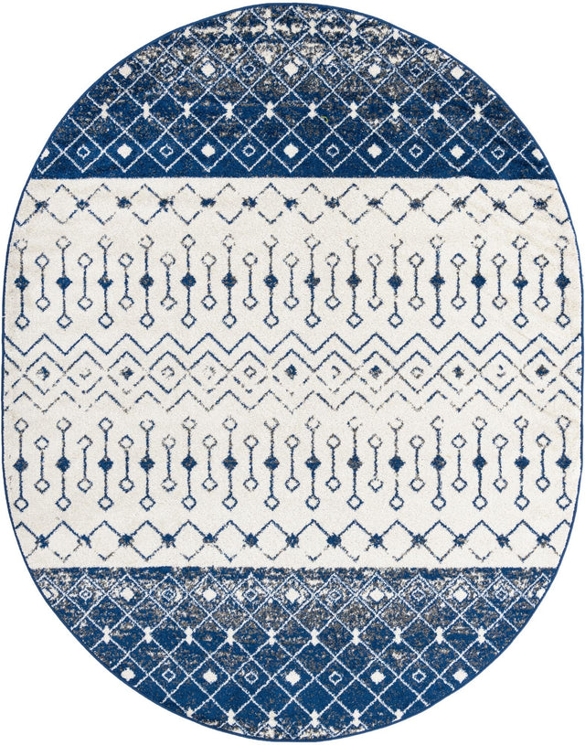Ivory Navy Blue 7' 10 x 10' Tribal Trellis Oval Area Rug Geometric Southwestern Inspired Durable Carpet for Home Interior Design for Sale at Rug Engine