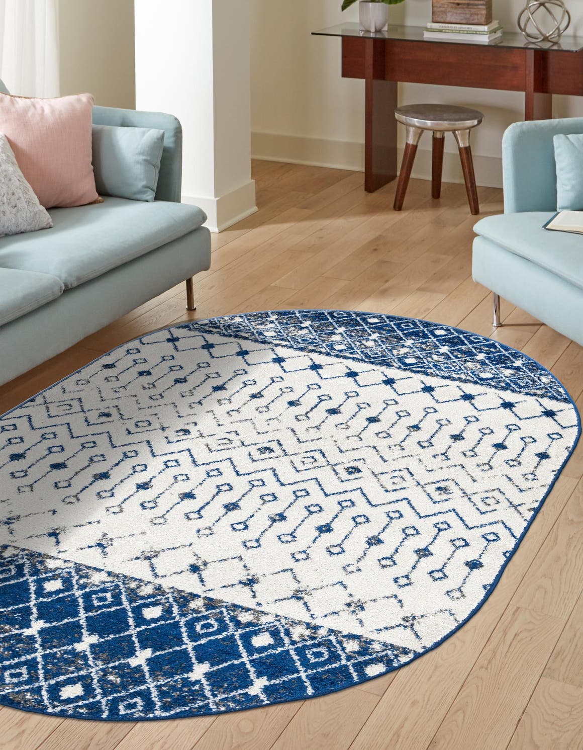 Ivory Navy Blue 4' x 6' Tribal Trellis Oval Area Rug Geometric Southwestern Inspired Durable Carpet for Home Interior Design for Sale at Rug Engine