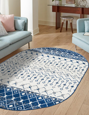 Ivory Navy Blue 4' x 6' Tribal Trellis Oval Area Rug Geometric Southwestern Inspired Durable Carpet for Home Interior Design for Sale at Rug Engine