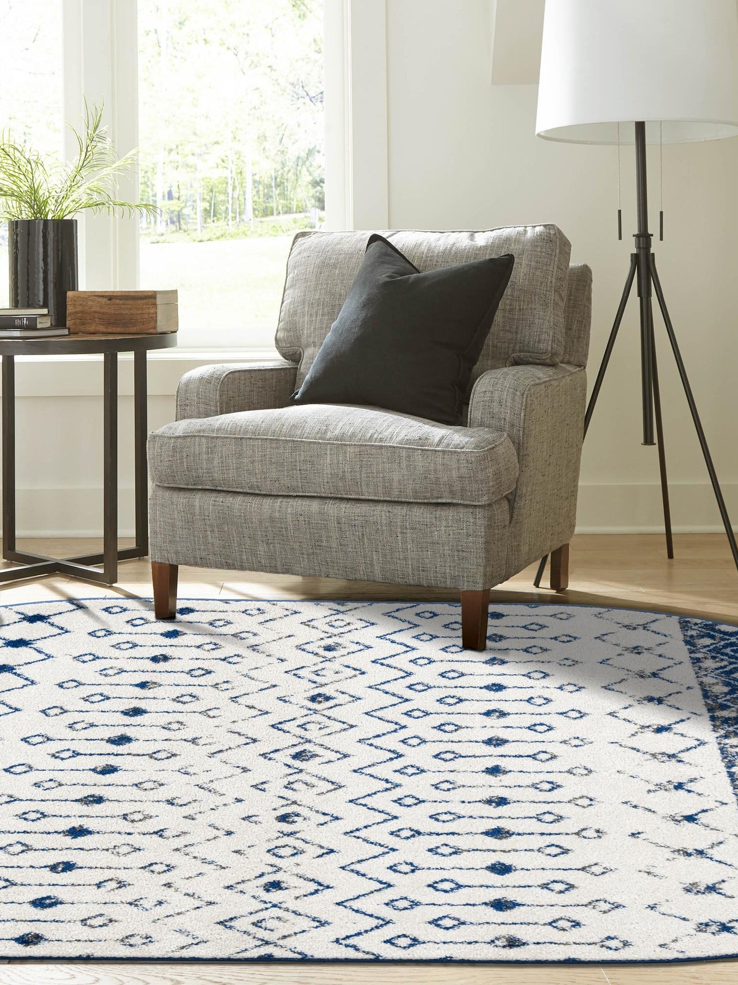 Ivory Navy Blue 7' 10 x 10' Tribal Trellis Oval Area Rug Geometric Southwestern Inspired Durable Carpet for Home Interior Design for Sale at Rug Engine