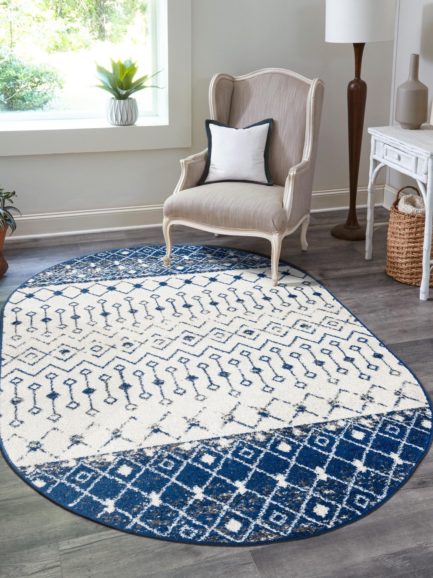 Ivory Navy Blue 7' 10 x 10' Tribal Trellis Oval Area Rug Geometric Southwestern Inspired Durable Carpet for Home Interior Design for Sale at Rug Engine