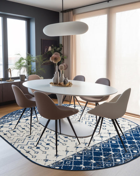 Ivory Navy Blue 4' x 6' Tribal Trellis Oval Area Rug Geometric Southwestern Inspired Durable Carpet for Home Interior Design for Sale at Rug Engine