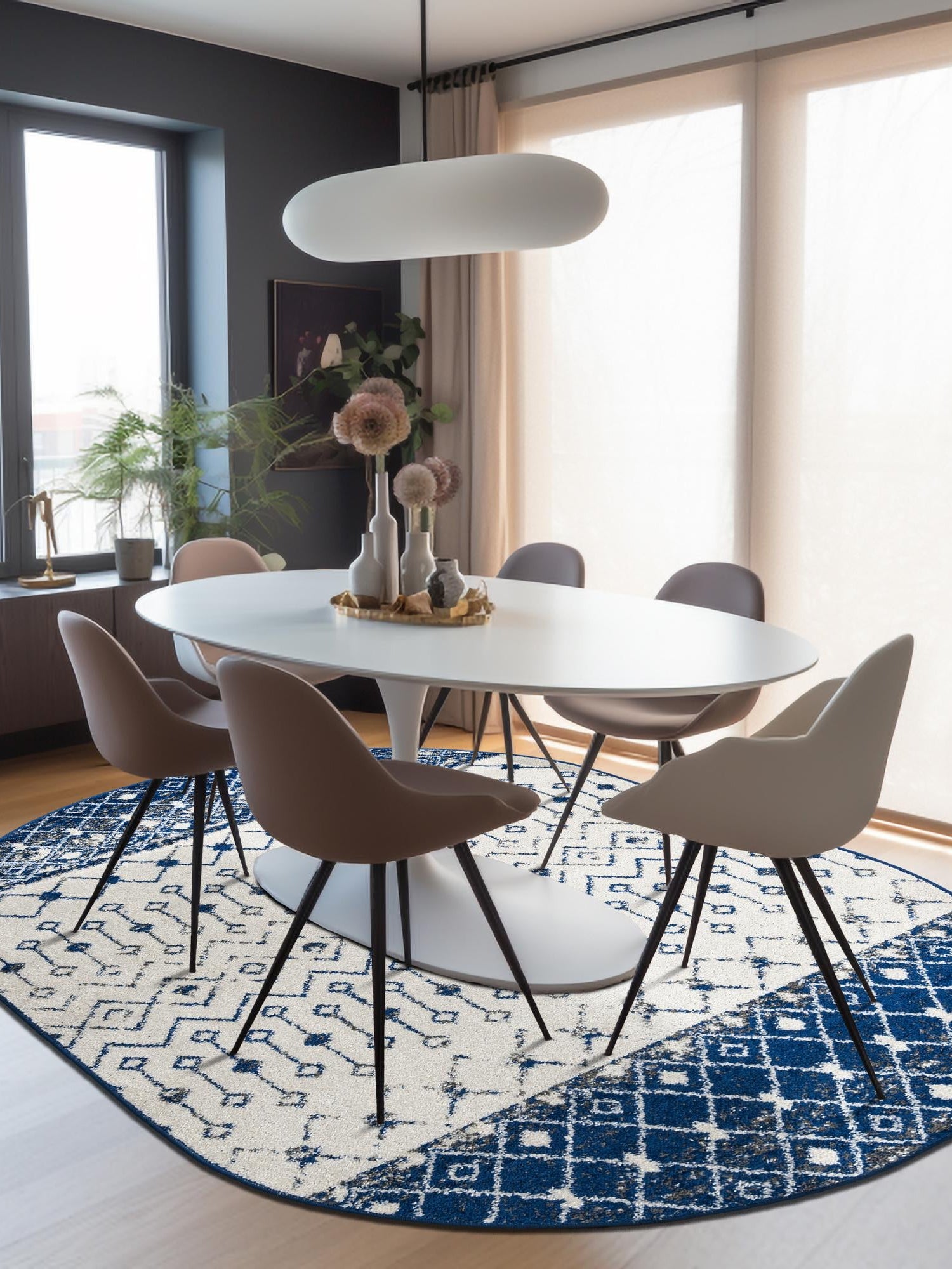 Ivory Navy Blue 7' 10 x 10' Tribal Trellis Oval Area Rug Geometric Southwestern Inspired Durable Carpet for Home Interior Design for Sale at Rug Engine