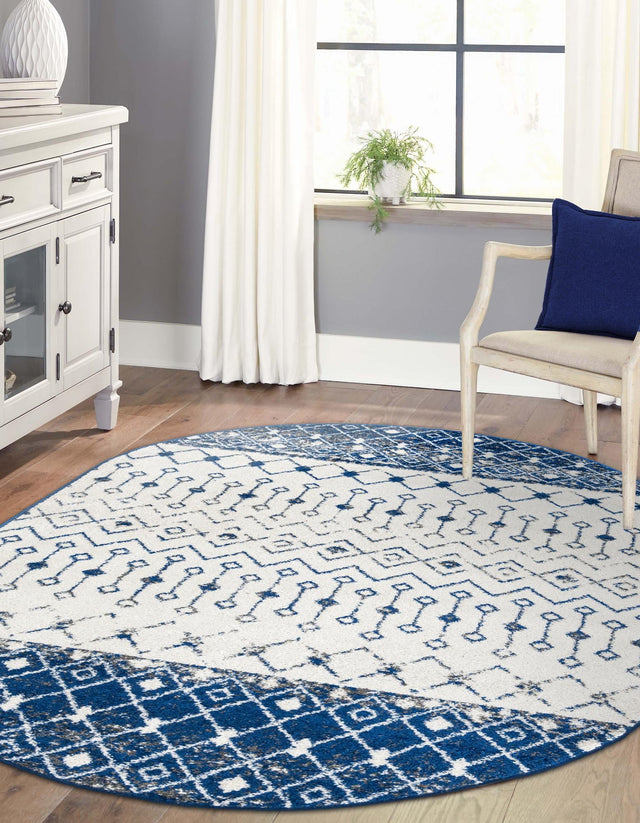 Ivory Navy Blue 4' x 6' Tribal Trellis Oval Area Rug Geometric Southwestern Inspired Durable Carpet for Home Interior Design for Sale at Rug Engine