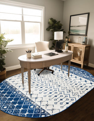 Ivory Navy Blue 4' x 6' Tribal Trellis Oval Area Rug Geometric Southwestern Inspired Durable Carpet for Home Interior Design for Sale at Rug Engine