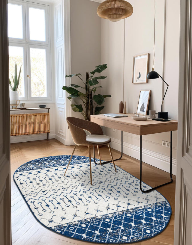 Ivory Navy Blue 4' x 6' Tribal Trellis Oval Area Rug Geometric Southwestern Inspired Durable Carpet for Home Interior Design for Sale at Rug Engine