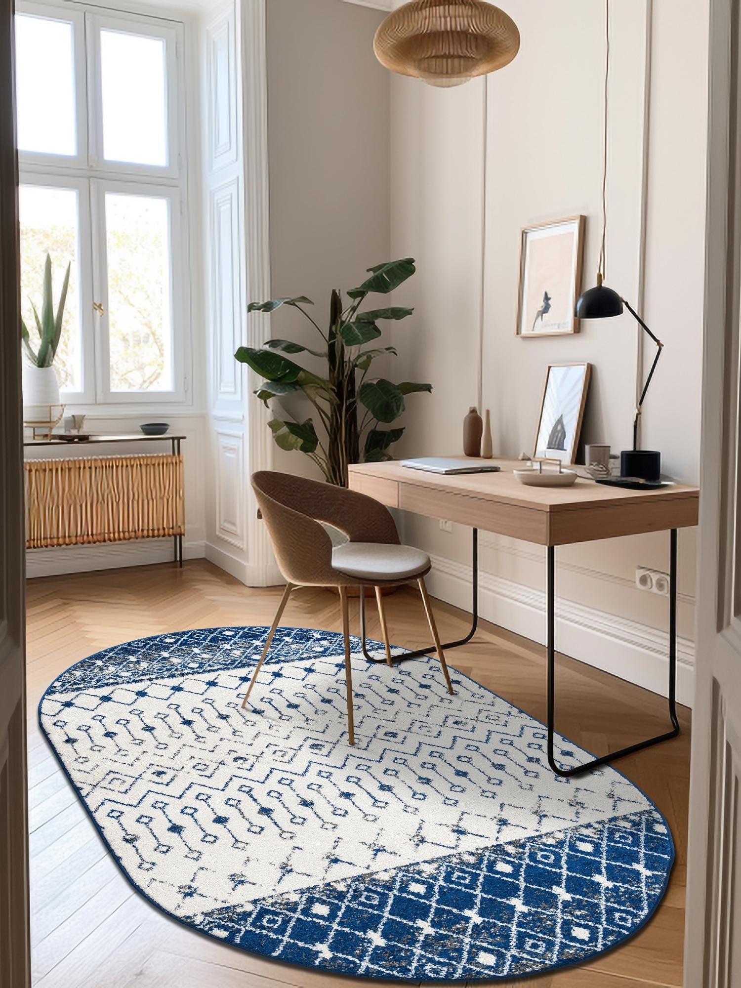 Ivory Navy Blue 7' 10 x 10' Tribal Trellis Oval Area Rug Geometric Southwestern Inspired Durable Carpet for Home Interior Design for Sale at Rug Engine