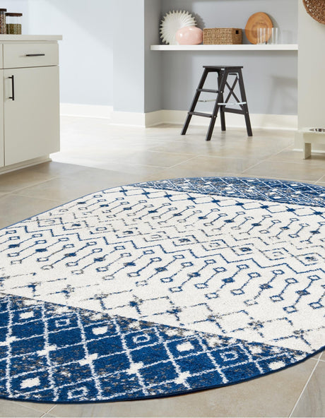Ivory Navy Blue 4' x 6' Tribal Trellis Oval Area Rug Geometric Southwestern Inspired Durable Carpet for Home Interior Design for Sale at Rug Engine