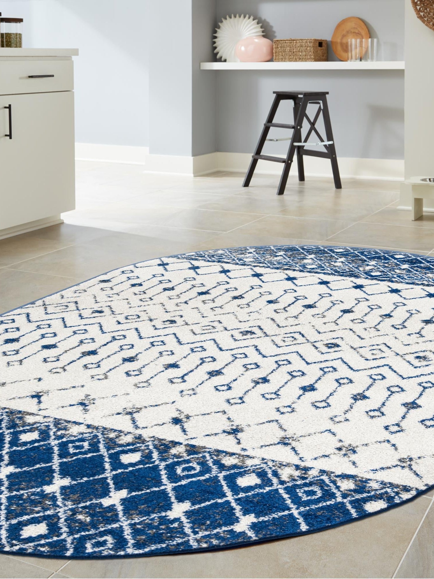 Ivory Navy Blue 7' 10 x 10' Tribal Trellis Oval Area Rug Geometric Southwestern Inspired Durable Carpet for Home Interior Design for Sale at Rug Engine
