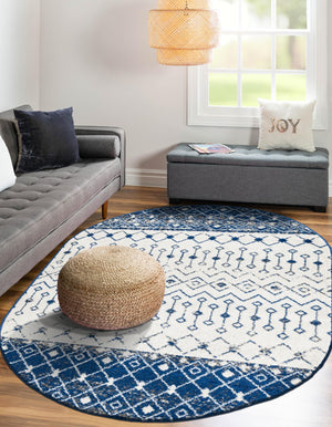 Ivory Navy Blue 4' x 6' Tribal Trellis Oval Area Rug Geometric Southwestern Inspired Durable Carpet for Home Interior Design for Sale at Rug Engine