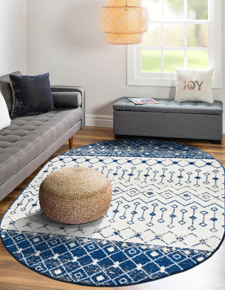 Ivory Navy Blue 4' x 6' Tribal Trellis Oval Area Rug Geometric Southwestern Inspired Durable Carpet for Home Interior Design for Sale at Rug Engine