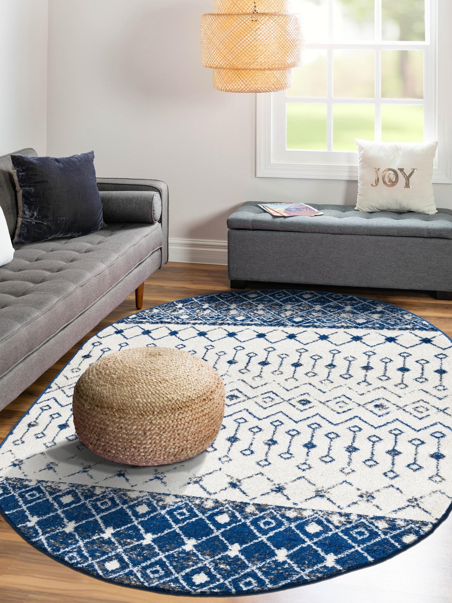 Ivory Navy Blue 7' 10 x 10' Tribal Trellis Oval Area Rug Geometric Southwestern Inspired Durable Carpet for Home Interior Design for Sale at Rug Engine