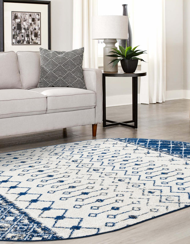 Ivory Navy Blue 4' x 6' Tribal Trellis Oval Area Rug Geometric Southwestern Inspired Durable Carpet for Home Interior Design for Sale at Rug Engine