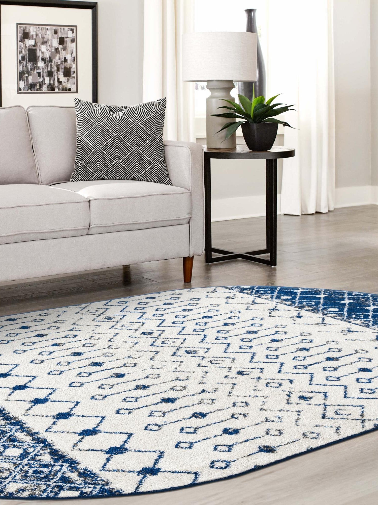 Ivory Navy Blue 5' 3 x 8' Tribal Trellis Oval Area Rug Geometric Southwestern Inspired Durable Carpet for Home Interior Design for Sale at Rug Engine