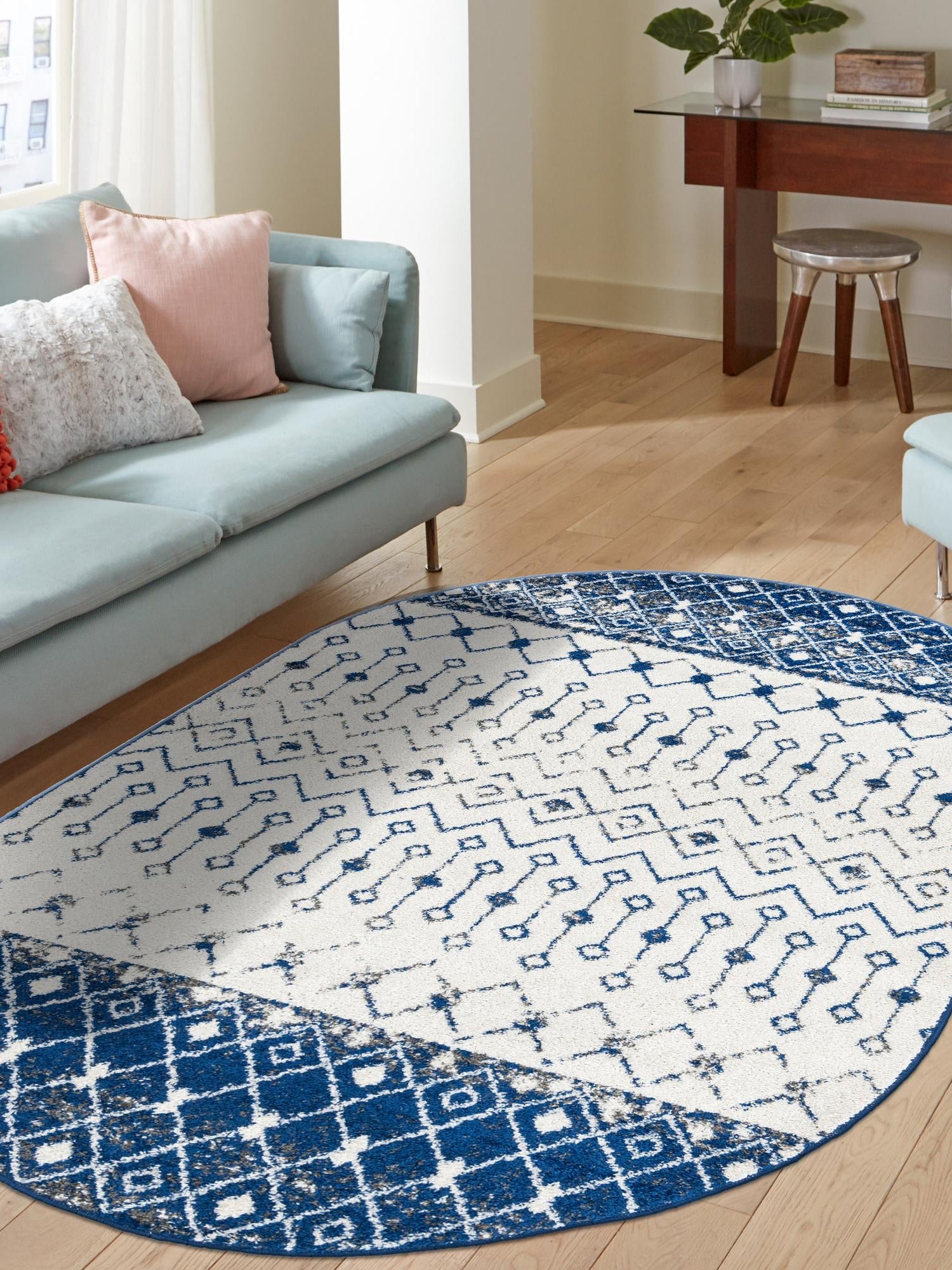 Ivory Navy Blue 7' 10 x 10' Tribal Trellis Oval Area Rug Geometric Southwestern Inspired Durable Carpet for Home Interior Design for Sale at Rug Engine