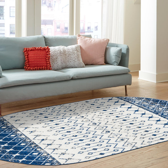 Ivory Navy Blue 4' x 6' Tribal Trellis Oval Area Rug Geometric Southwestern Inspired Durable Carpet for Home Interior Design for Sale at Rug Engine