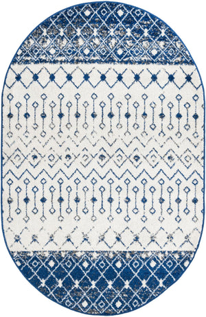 Ivory Navy Blue 5' 3 x 8' Tribal Trellis Oval Area Rug Geometric Southwestern Inspired Durable Carpet for Home Interior Design for Sale at Rug Engine