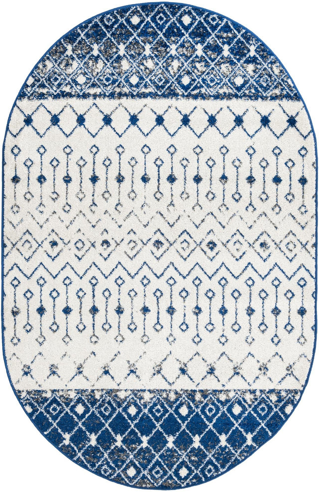 Ivory Navy Blue 5' 3 x 8' Tribal Trellis Oval Area Rug Geometric Southwestern Inspired Durable Carpet for Home Interior Design for Sale at Rug Engine