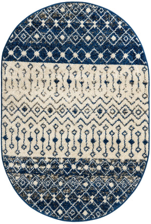 Ivory Navy Blue 4' x 6' Tribal Trellis Oval Area Rug Geometric Southwestern Inspired Durable Carpet for Home Interior Design for Sale at Rug Engine
