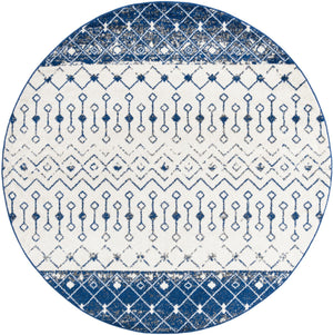 Ivory Navy Blue 7' 10 x 7' 10 Tribal Trellis Round Area Rug Geometric Southwestern Inspired Durable Carpet for Home Interior Design for Sale at Rug Engine