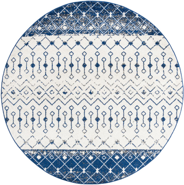 Ivory Navy Blue 7' 10 x 7' 10 Tribal Trellis Round Area Rug Geometric Southwestern Inspired Durable Carpet for Home Interior Design for Sale at Rug Engine
