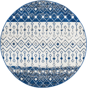 Ivory Navy Blue 6' x 6' Tribal Trellis Round Area Rug Geometric Southwestern Inspired Durable Carpet for Home Interior Design for Sale at Rug Engine