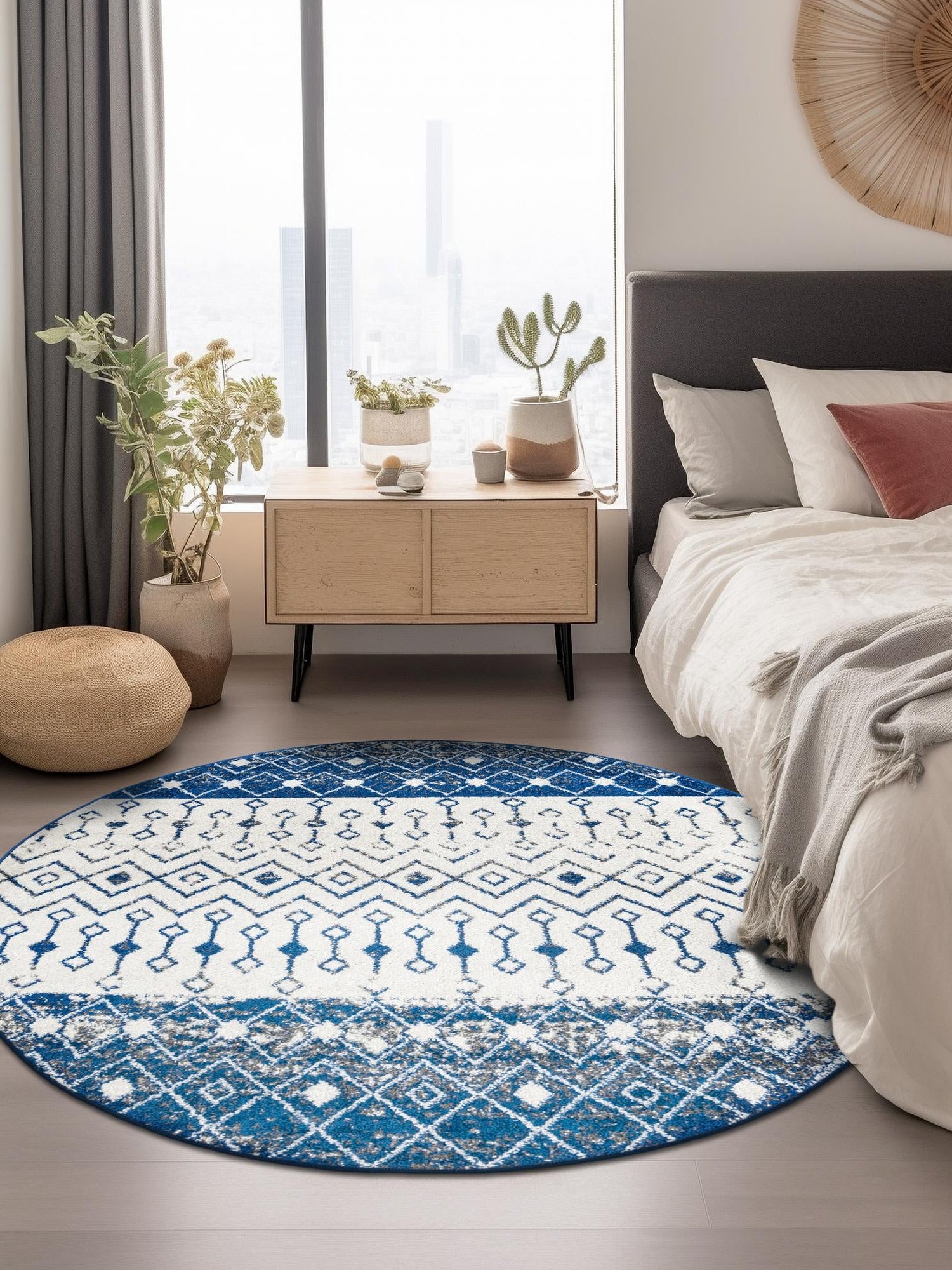 Ivory Navy Blue 3' 3 x 3' 3 Tribal Trellis Round Area Rug Geometric Southwestern Inspired Durable Carpet for Home Interior Design for Sale at Rug Engine