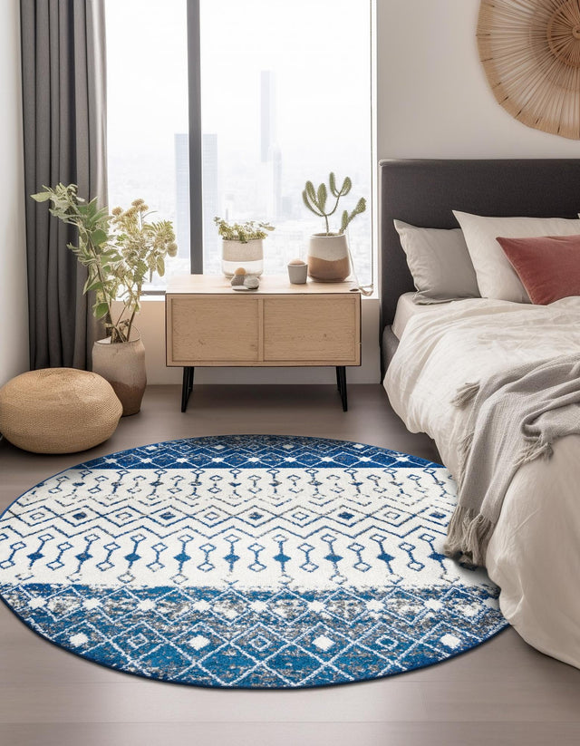 Ivory Navy Blue 3' 3 x 3' 3 Tribal Trellis Round Area Rug Geometric Southwestern Inspired Durable Carpet for Home Interior Design for Sale at Rug Engine